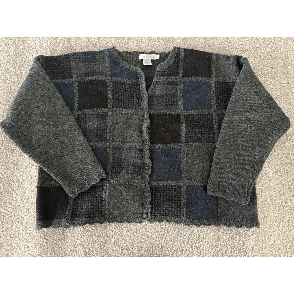VTG Tweeds Shetland Wool Patchwork Cardigan Sweater Womens M/L Gray